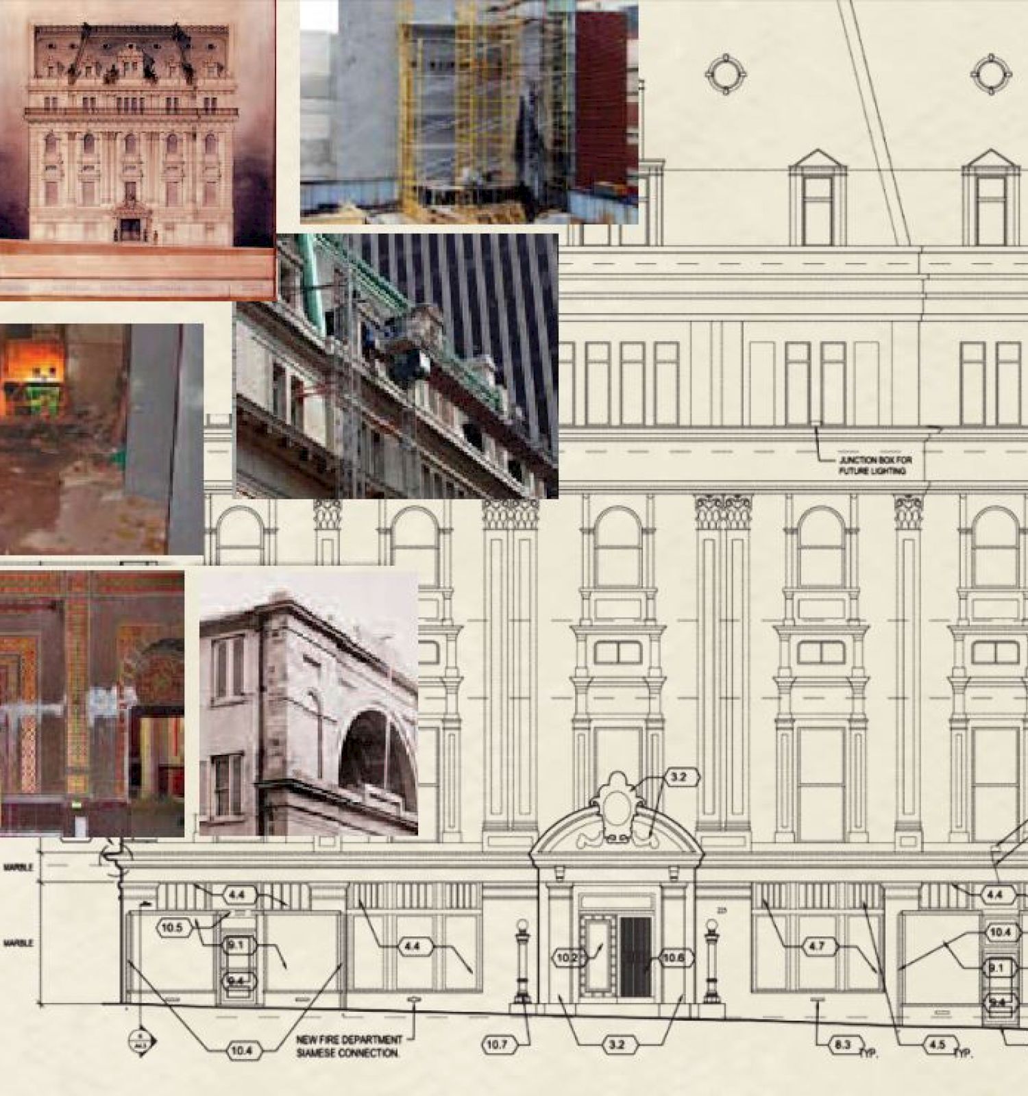 The image shows a collage of architectural blueprints, building facade photos, and interior renovation images, depicting various stages of construction.