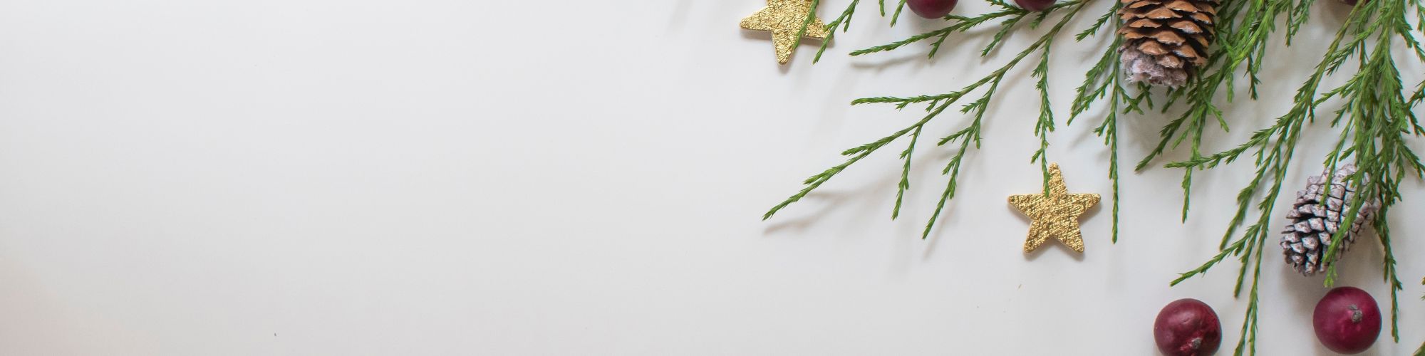 This image features green pine branches, pinecones, red berries, and small golden stars arranged decoratively on a light background.